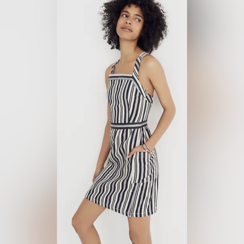 #301 Madewell Apron Mini Dress in Evelyn Stripe Black Gray Sleeveless Linen